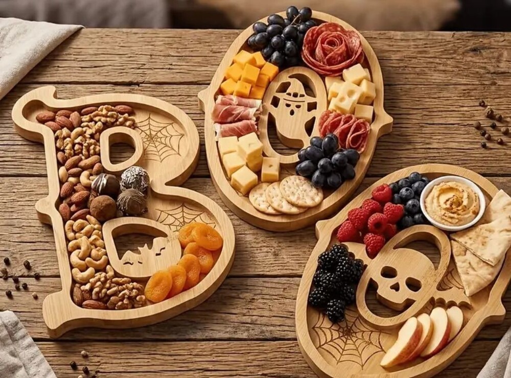 Brand New! Halloween "BOO" Bamboo Charcuterie Board Set 3pc Spooky Serving Tray